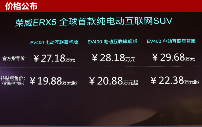 上汽榮威ERX5上市 補(bǔ)貼后售19.88萬元起