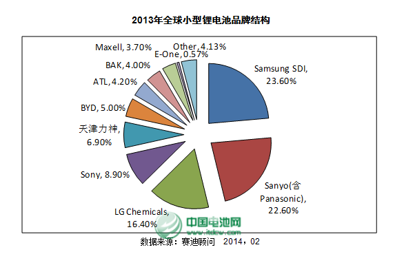 2013年全球小型鋰電池品牌結(jié)構(gòu)