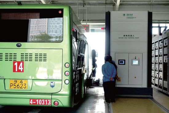 機器人正在為公交車更換電池