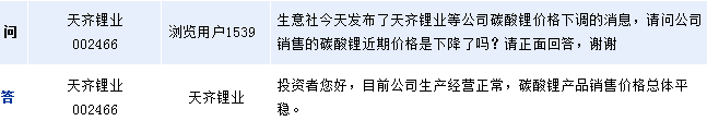 天齊鋰業(yè)：下半年鋰市場需求仍旺盛 碳酸鋰售價總體平穩(wěn)