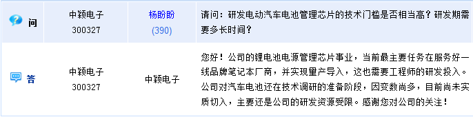 中穎電子：公司研發(fā)資源受限 汽車電池目前尚未實質(zhì)切入