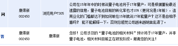 康得新：預(yù)計(jì)量子電池材料明年量產(chǎn) 目前處研發(fā)階段