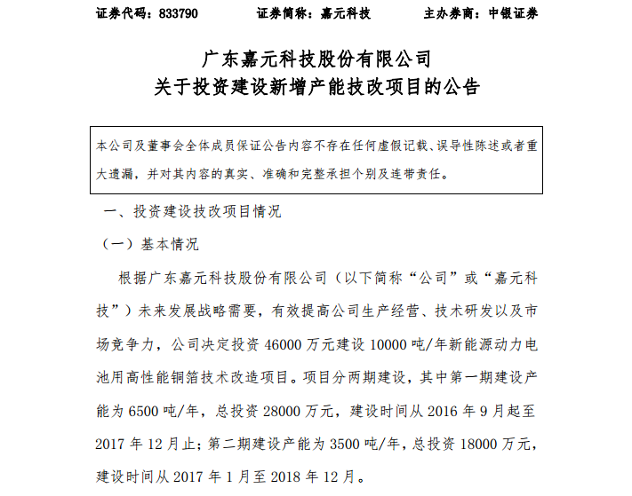 嘉元科技：擬4.6億元投建年產(chǎn)1萬噸鋰電銅箔技改項(xiàng)目