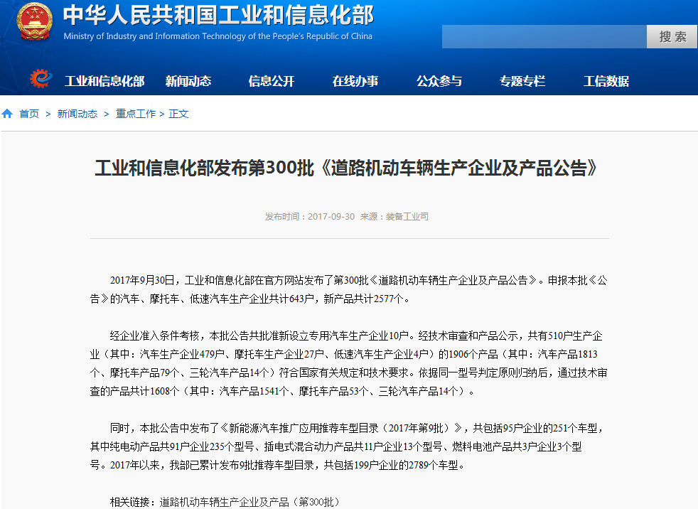 　　9月30日，工信部裝備工業(yè)司發(fā)布了第300批《道路機(jī)動(dòng)車輛生產(chǎn)企業(yè)及產(chǎn)品公告》，本批公告中發(fā)布了《新能源汽車推廣應(yīng)用推薦車型目錄（2017年第9批）》，共包括95戶企業(yè)的251個(gè)車型，其中純電動(dòng)產(chǎn)品共91戶企業(yè)235個(gè)型號(hào)、插電式混合動(dòng)力產(chǎn)品共11戶企業(yè)13個(gè)型號(hào)、燃料電池產(chǎn)品共3戶企業(yè)3個(gè)型號(hào)。2017年以來(lái)，工信部已累計(jì)發(fā)布9批推薦車型目錄，共包括199戶企業(yè)的2789個(gè)車型。 　　以下為公告原文： 　　工業(yè)和信息化部發(fā)布第300批《道路機(jī)動(dòng)車輛生產(chǎn)企業(yè)及產(chǎn)品公告》 　　2017年9月30日，工業(yè)和信息化部在官方網(wǎng)站發(fā)布了第300批《道路機(jī)動(dòng)車輛生產(chǎn)企業(yè)及產(chǎn)品公告》。申報(bào)本批《公告》的汽車、摩托車、低速汽車生產(chǎn)企業(yè)共計(jì)643戶，新產(chǎn)品共計(jì)2577個(gè)。 　　經(jīng)企業(yè)準(zhǔn)入條件考核，本批公告共批準(zhǔn)新設(shè)立專用汽車生產(chǎn)企業(yè)10戶。經(jīng)技術(shù)審查和產(chǎn)品公示，共有510戶生產(chǎn)企業(yè)（其中：汽車生產(chǎn)企業(yè)479戶、摩托車生產(chǎn)企業(yè)27戶、低速汽車生產(chǎn)企業(yè)4戶）的1906個(gè)產(chǎn)品（其中：汽車產(chǎn)品1813個(gè)、摩托車產(chǎn)品79個(gè)、三輪汽車產(chǎn)品14個(gè)）符合國(guó)家有關(guān)規(guī)定和技術(shù)要求。依據(jù)同一型號(hào)判定原則歸納后，通過(guò)技術(shù)審查的產(chǎn)品共計(jì)1608個(gè)（其中：汽車產(chǎn)品1541個(gè)、摩托車產(chǎn)品53個(gè)、三輪汽車產(chǎn)品14個(gè)）。 　　同時(shí)，本批公告中發(fā)布了《新能源汽車推廣應(yīng)用推薦車型目錄（2017年第9批）》，共包括95戶企業(yè)的251個(gè)車型，其中純電動(dòng)產(chǎn)品共91戶企業(yè)235個(gè)型號(hào)、插電式混合動(dòng)力產(chǎn)品共11戶企業(yè)13個(gè)型號(hào)、燃料電池產(chǎn)品共3戶企業(yè)3個(gè)型號(hào)。2017年以來(lái)，我部已累計(jì)發(fā)布9批推薦車型目錄，共包括199戶企業(yè)的2789個(gè)車型。 　　相關(guān)鏈接：道路機(jī)動(dòng)車輛生產(chǎn)企業(yè)及產(chǎn)品（第300批）