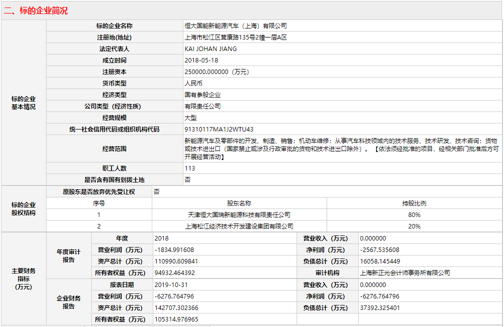 恒大國能新能源汽車（上海）有限公司20%股權(quán)