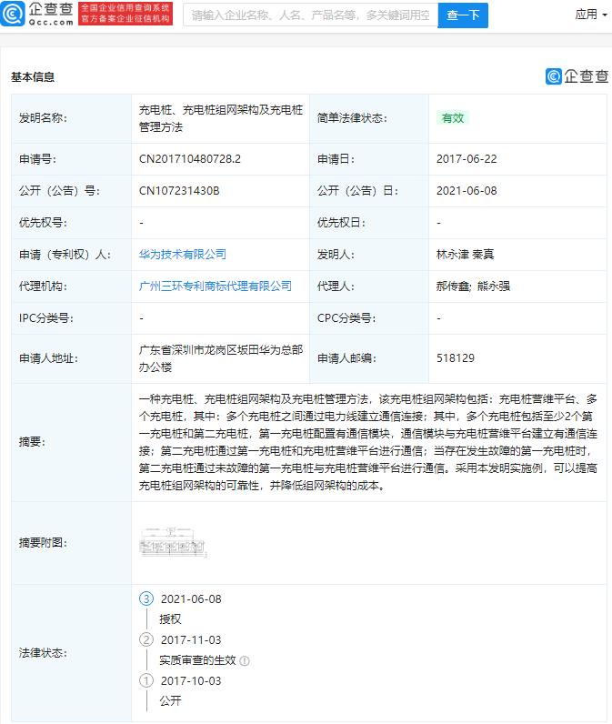 華為獲充電樁相關(guān)專利授權(quán) 可提高充電樁組網(wǎng)架構(gòu)可靠性