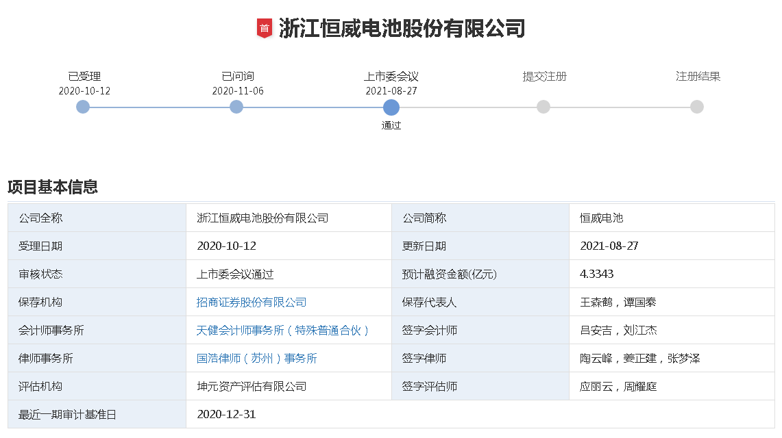 恒威電池創(chuàng)業(yè)板上市過(guò)會(huì) 擬募資4.33億擴(kuò)產(chǎn)電池項(xiàng)目