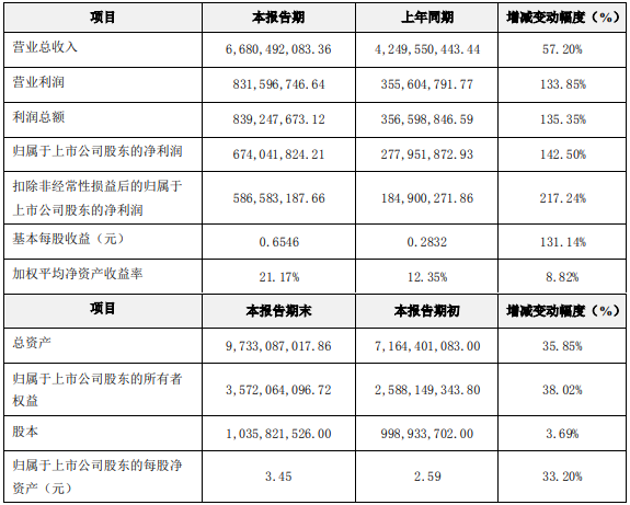 蔚藍鋰芯2021年度主要財務數(shù)據(jù)和指標（單位：元）