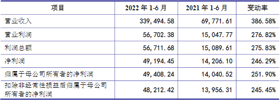 萬(wàn)潤(rùn)新能2022年上半年主要財(cái)務(wù)數(shù)據(jù)（單位：萬(wàn)元）