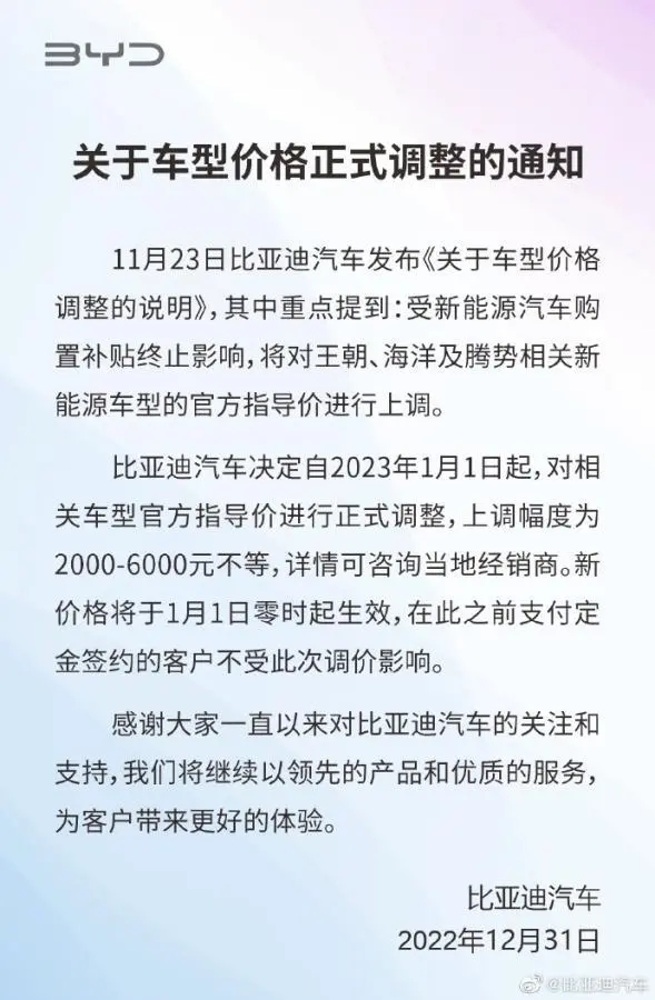 比亞迪上調(diào)相關(guān)新能源車型官方指導(dǎo)價 調(diào)幅為2000-6000元