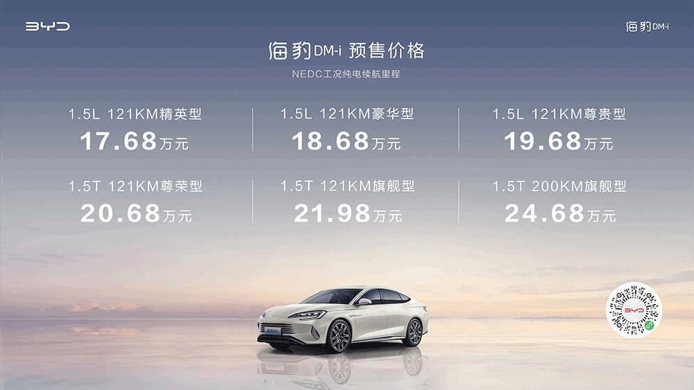 8月25日，比亞迪海洋網(wǎng)“新一代主流中型轎車”——海豹DM-i在成都車展正式開啟預(yù)售，共6款車型，預(yù)售價格為17.68萬-24.68萬元。