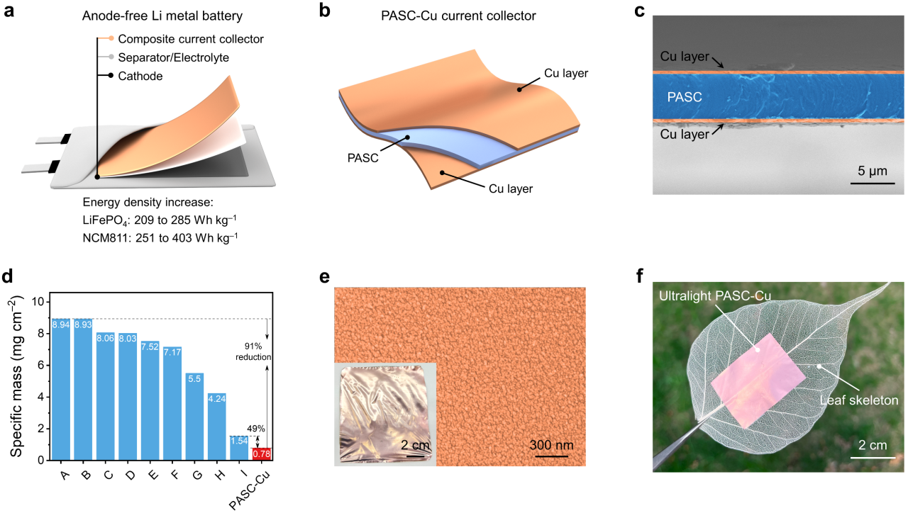 圖1. 超輕復(fù)合集流體實(shí)現(xiàn)高比能無負(fù)極鋰金屬電池