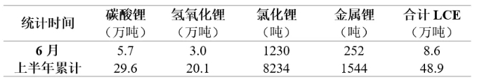 表 1 2024年6月及上半年我國鋰鹽產(chǎn)量