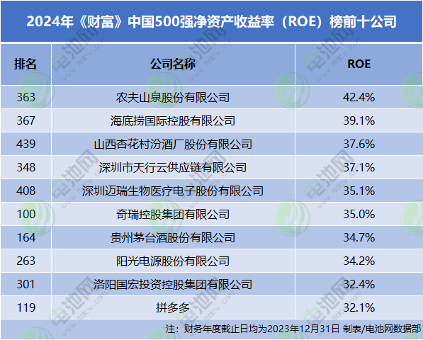 2024年《財(cái)富》中國(guó)500強(qiáng)凈資產(chǎn)收益率（ROE）榜前十公司